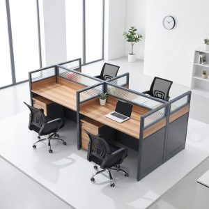 4-Way Panel Workstation with glass partitions and 3-drawer mobile pedestals