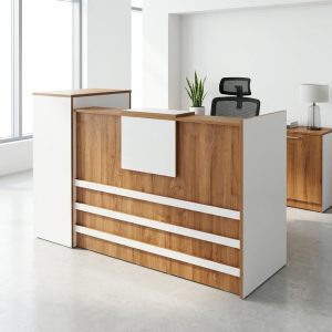 1.8M Frontline Reception Desk in wood-tone and white finish