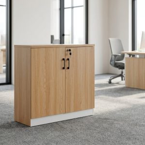 Wooden Office Credenza with two lockable doors and black handles