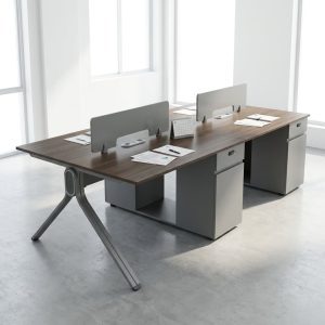 4-Person Office Workstation with privacy screens and lockable central pedestal