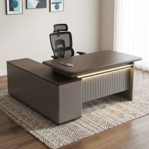 Teak wood L-shaped 1.6M Corporate Director Desk with a charcoal gray fluted front modesty panel and an attached multi-tier storage return credenza.