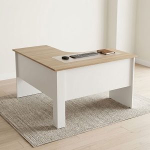 A premium 1.2M Beech Curved Office Desk showcasing a natural beech wood grain curved top, a solid white wood frame base, and a three-drawer locking storage pedestal.