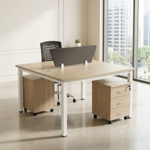 2-Way Open Workstation with privacy divider and mobile drawer pedestals