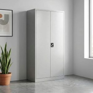 Lockable steel filing cabinet with double doors and internal shelves