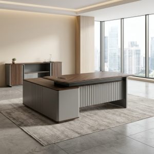 1.8M corporate director desk with woodgrain top and light panels