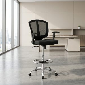 Mid-back mesh counter seat with chrome footrest and castors