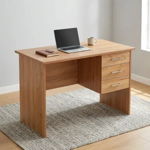 A premium natural oak 0.9M Compact Office Desk featuring a thick panel frame and a built-in floating three-drawer storage pedestal with brushed chrome bar handles.