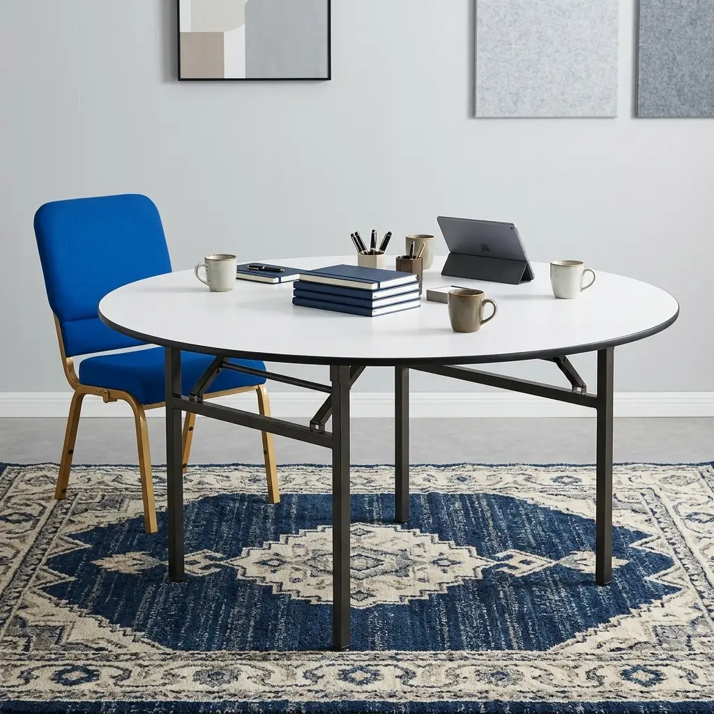 A premium circular white Round Folding Training Table featuring a structural black folding leg frame, surrounded by blue upholstered office chairs.