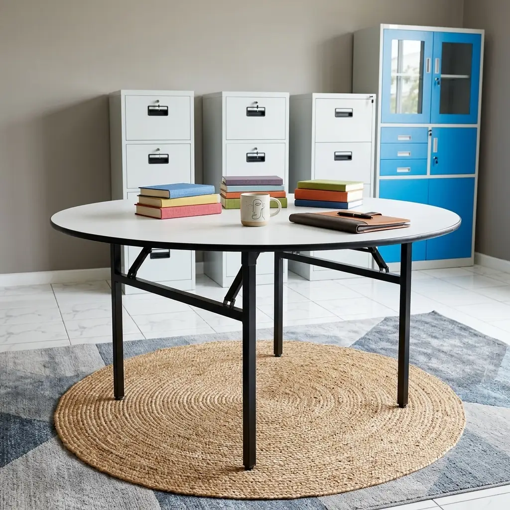 A premium circular white Round Folding Training Table featuring a structural black folding leg frame, surrounded by blue upholstered office chairs.