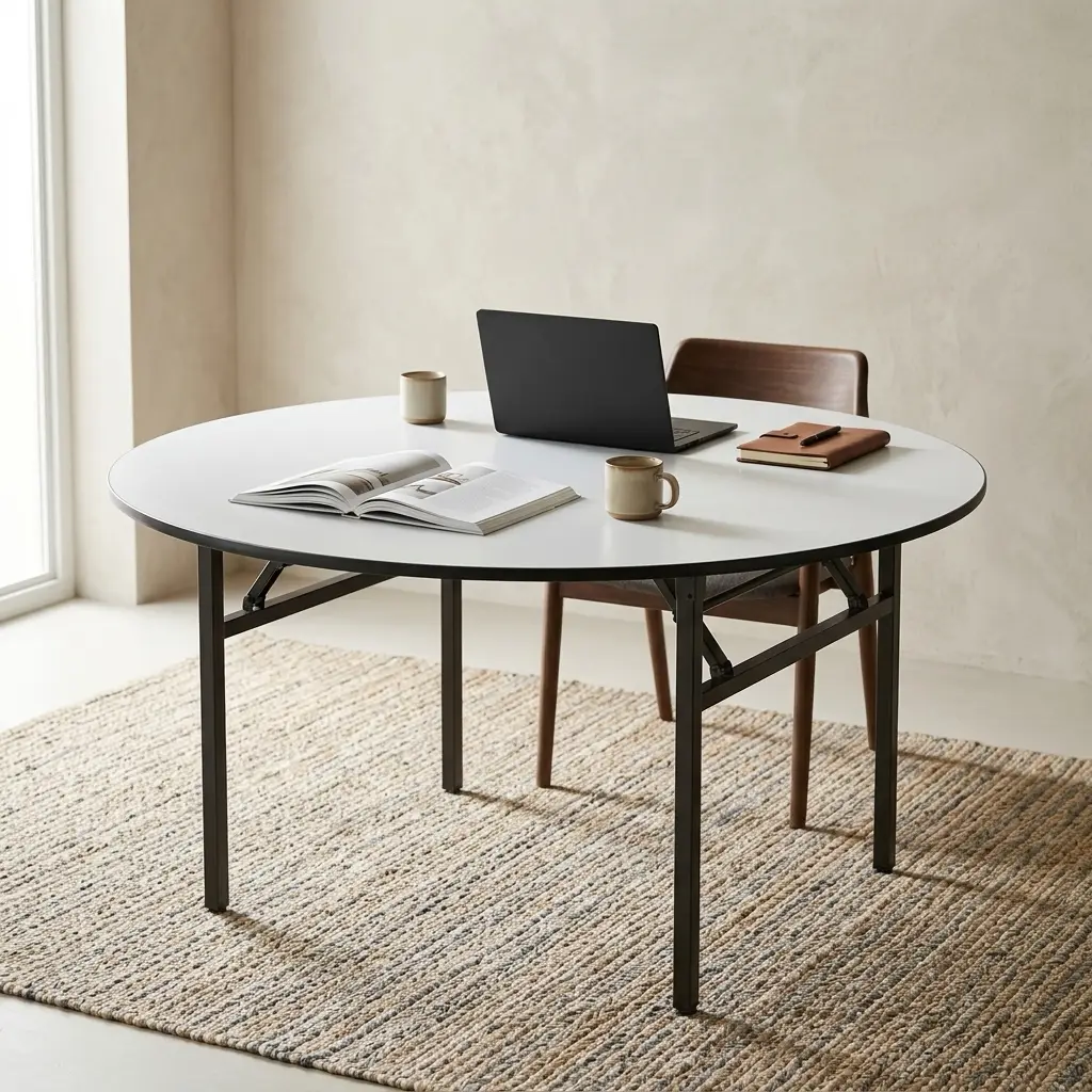 A premium circular white Round Folding Training Table featuring a structural black folding leg frame, surrounded by blue upholstered office chairs.