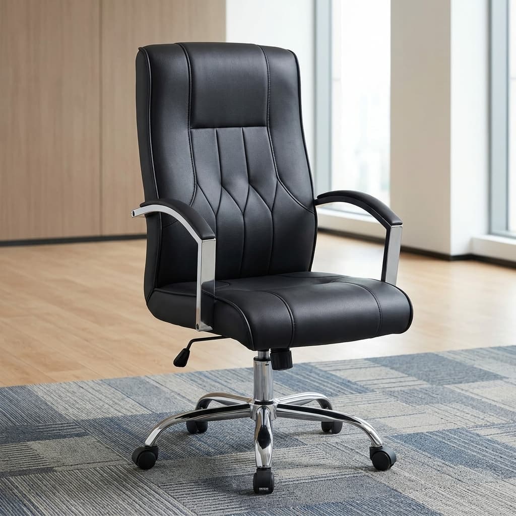 A premium black High-Back Leather Chair featuring diamond-patterned stitching, padded chrome armrests, a height-adjustment lever, and a polished chrome five-star wheeled base.