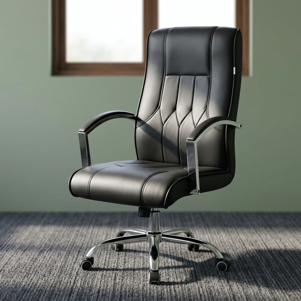 A premium black High-Back Leather Chair featuring diamond-patterned stitching, padded chrome armrests, a height-adjustment lever, and a polished chrome five-star wheeled base.