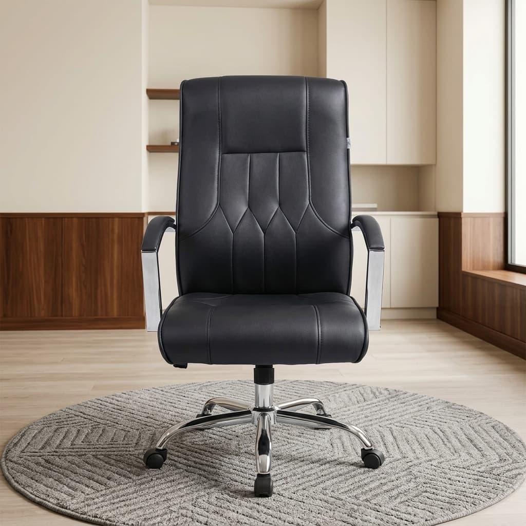 A premium black High-Back Leather Chair featuring diamond-patterned stitching, padded chrome armrests, a height-adjustment lever, and a polished chrome five-star wheeled base.