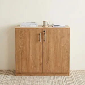 Compact Wooden Storage Cabinet with two doors, lockable design, vertical handles and natural wood-grain finish for office storage.