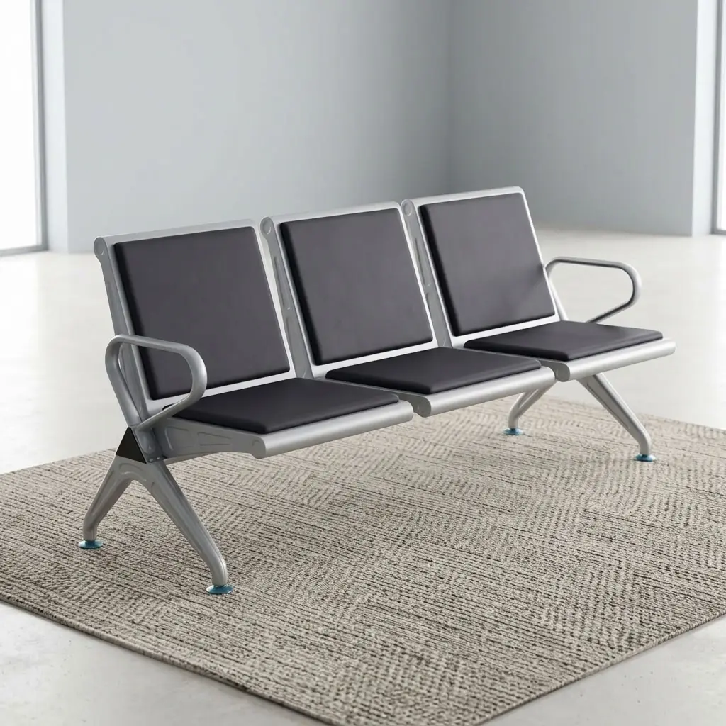 Heavy Duty Office Waiting Bench with three padded seats, individual backrests, end armrests and sturdy frame for reception and visitor areas.