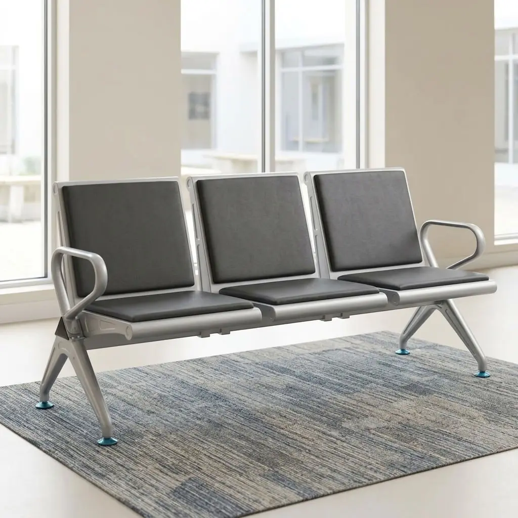 Heavy Duty Office Waiting Bench with three padded seats, individual backrests, end armrests and sturdy frame for reception and visitor areas.