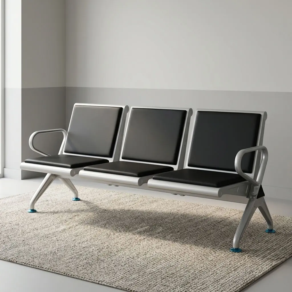 Heavy Duty Office Waiting Bench with three padded seats, individual backrests, end armrests and sturdy frame for reception and visitor areas.