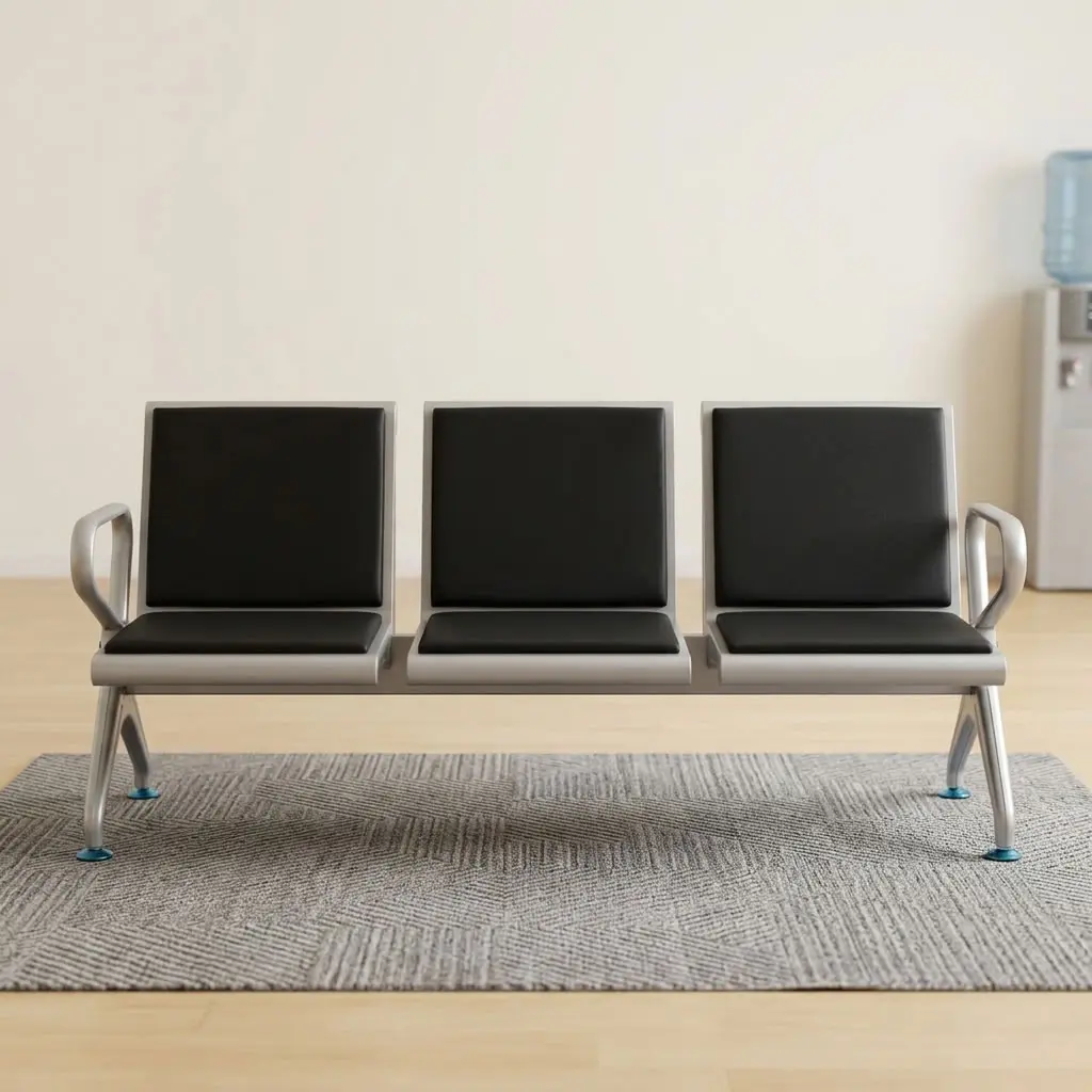 Heavy Duty Office Waiting Bench with three padded seats, individual backrests, end armrests and sturdy frame for reception and visitor areas.