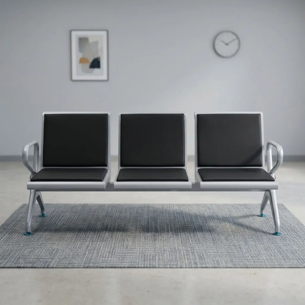 Heavy Duty Office Waiting Bench with three padded seats, individual backrests, end armrests and sturdy frame for reception and visitor areas.