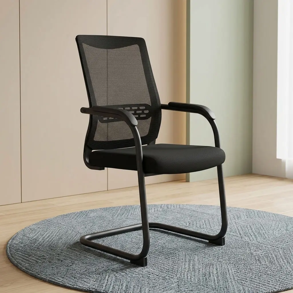 Mesh Office Visitor's Seat with black mesh backrest, padded seat, armrests and cantilever-style frame for professional office visitor seating.