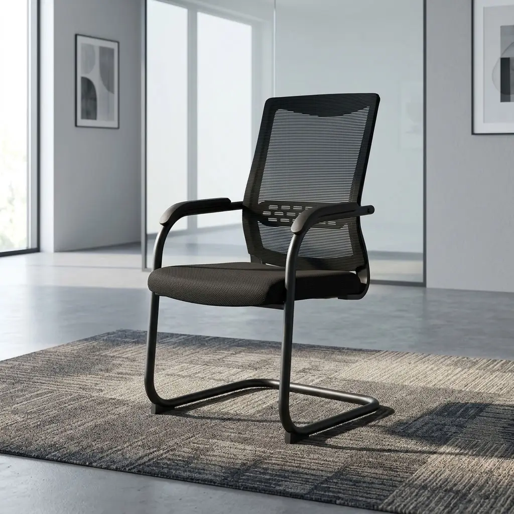 Mesh Office Visitor's Seat with black mesh backrest, padded seat, armrests and cantilever-style frame for professional office visitor seating.