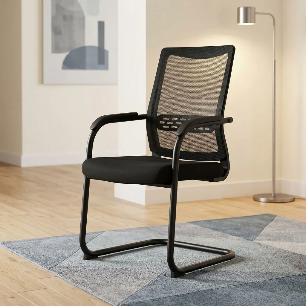 Mesh Office Visitor's Seat with black mesh backrest, padded seat, armrests and cantilever-style frame for professional office visitor seating.