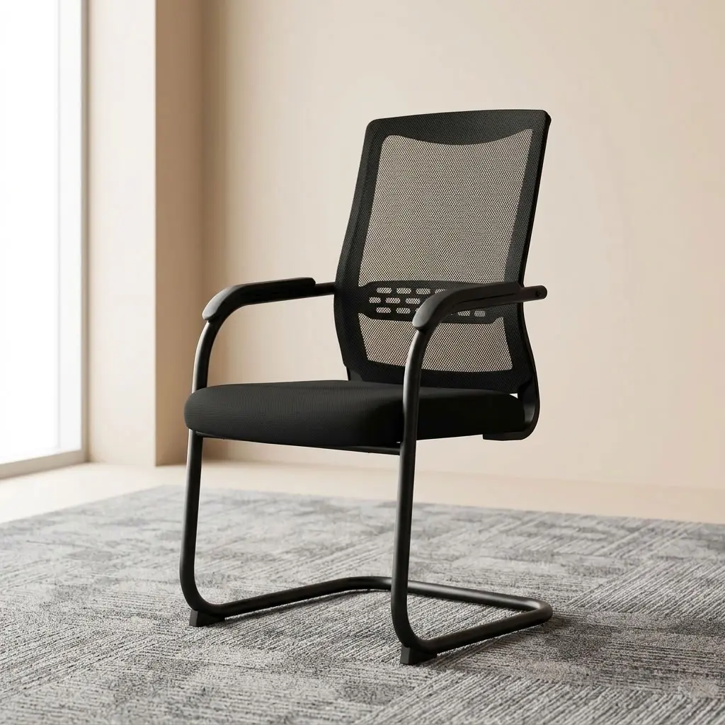 Mesh Office Visitor's Seat with black mesh backrest, padded seat, armrests and cantilever-style frame for professional office visitor seating.