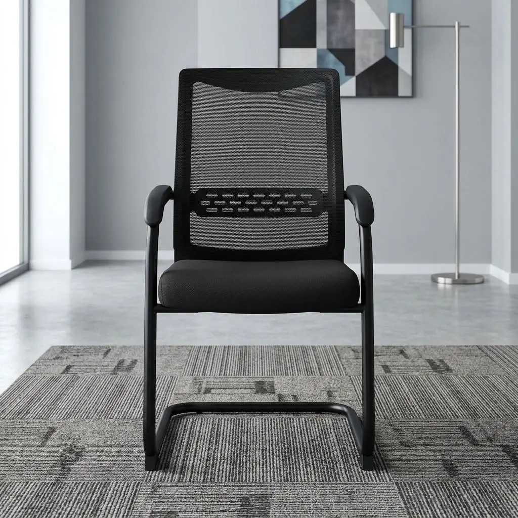 Mesh Office Visitor's Seat with black mesh backrest, padded seat, armrests and cantilever-style frame for professional office visitor seating.