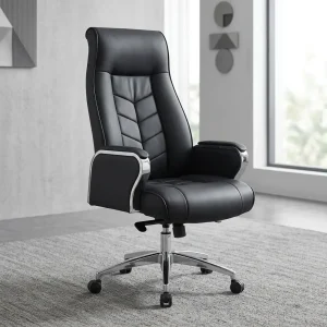 Premium Executive Swivel Chair with black padded high backrest, cushioned armrests, polished five-star base and castors for executive offices.