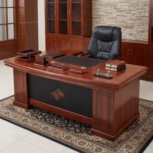 1.8 Meters Executive Office Desk with rich wood-look finish, spacious desktop, dark worktop section and decorative black front modesty panel.