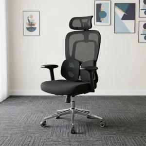 High Back Orthopedic Office Seat with mesh backrest, headrest, lumbar support, padded seat, armrests and five-star castor base.