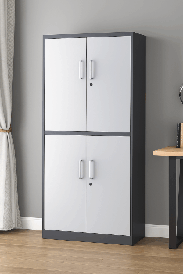 Modern 4-Door Office Storage Cabinet – White & Grey Finish with Locks