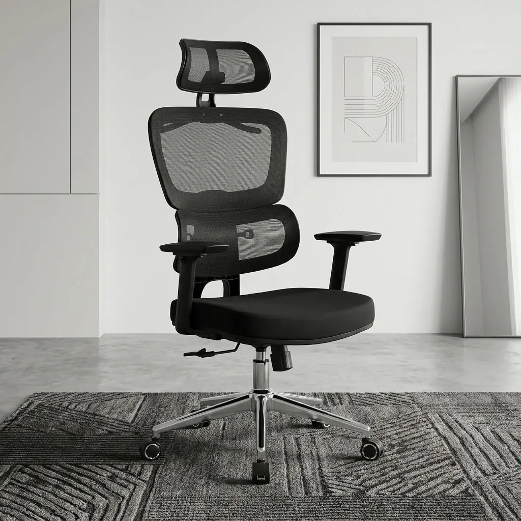 High Back Executive Office Chair with adjustable mesh headrest, 3D adjustable armrests, recline function, padded seat and five-star castor base.