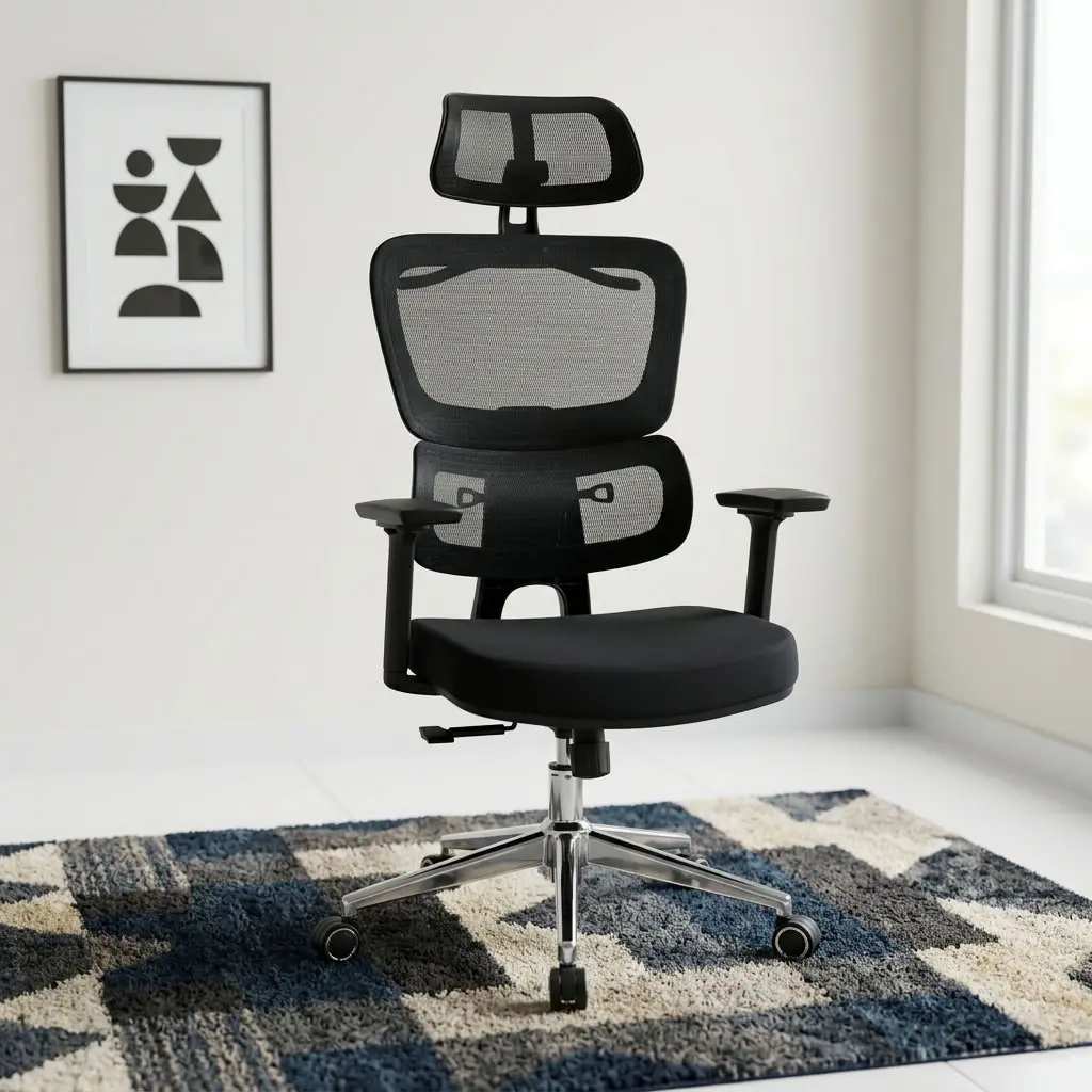 High Back Executive Office Chair with adjustable mesh headrest, 3D adjustable armrests, recline function, padded seat and five-star castor base.
