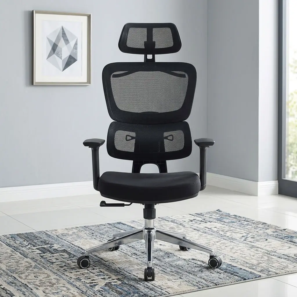 High Back Executive Office Chair with adjustable mesh headrest, 3D adjustable armrests, recline function, padded seat and five-star castor base.