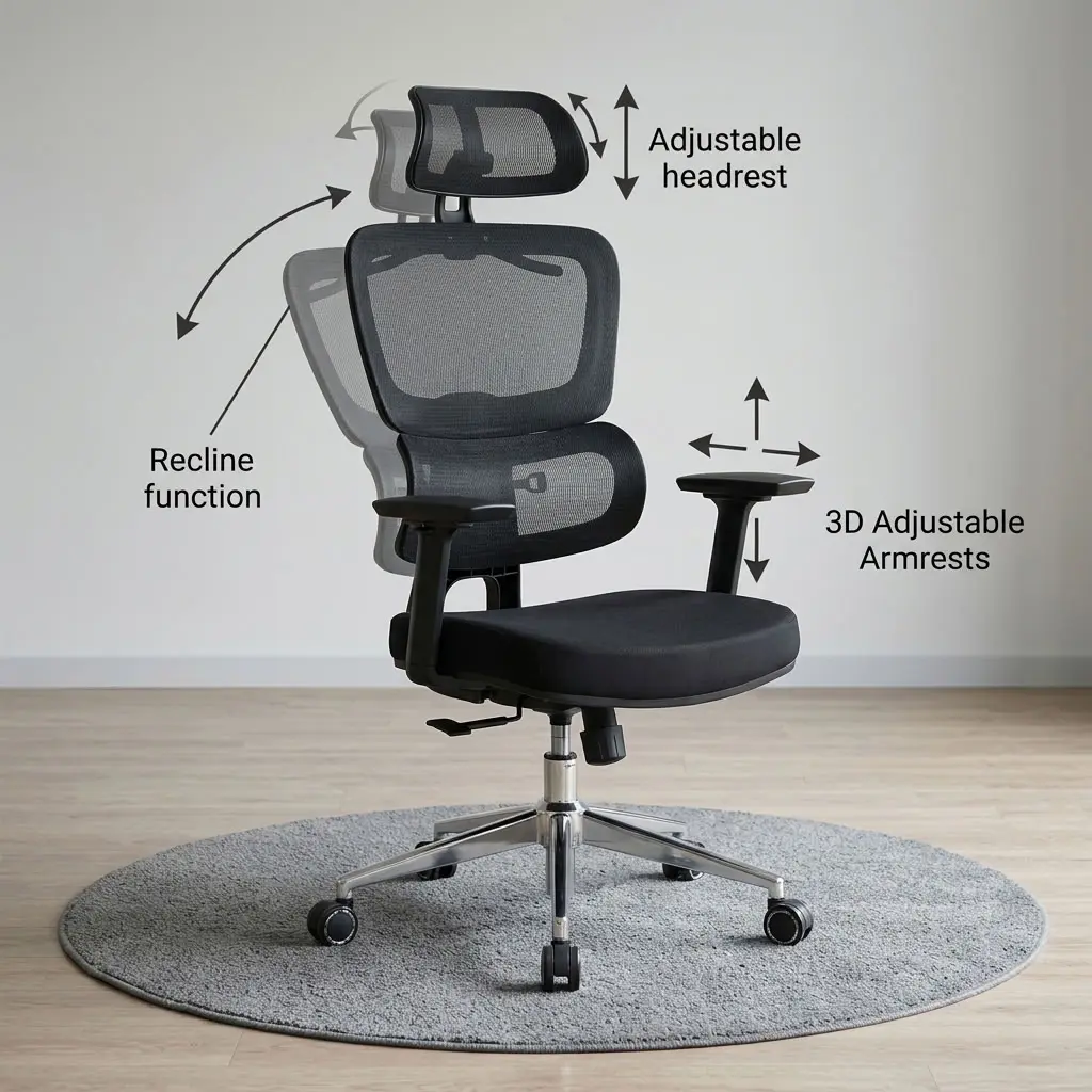 High Back Executive Office Chair with adjustable mesh headrest, 3D adjustable armrests, recline function, padded seat and five-star castor base.