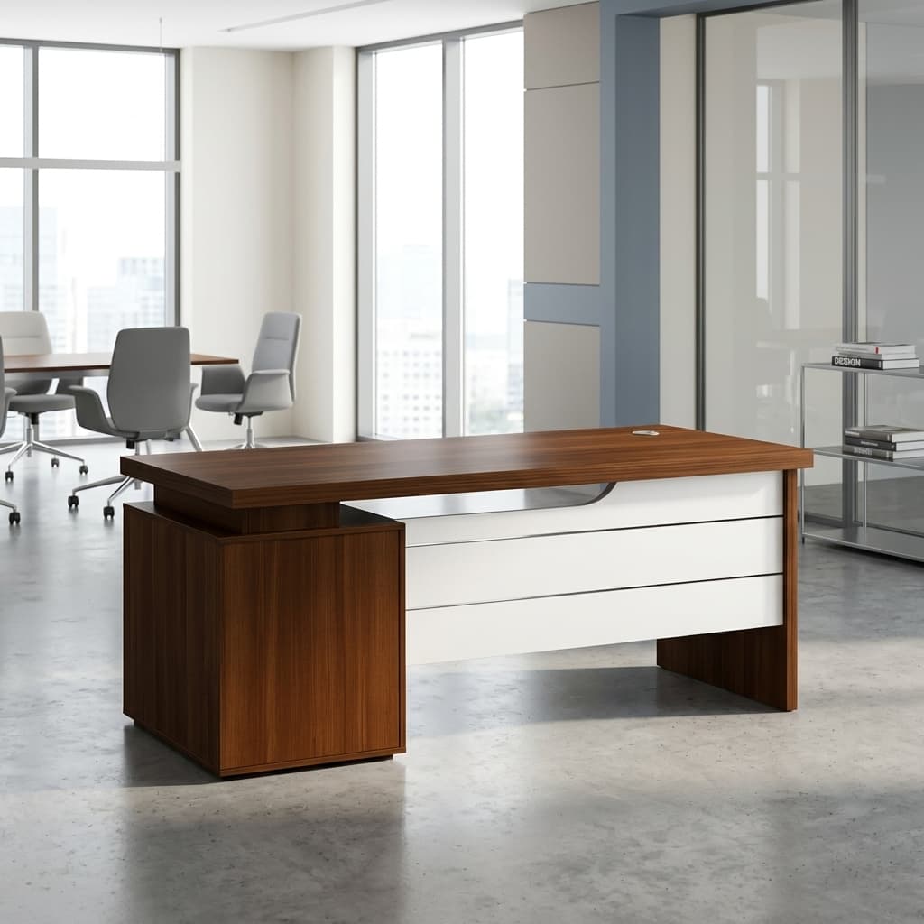 1.2M Walnut Executive Desk with white accent panels and storage