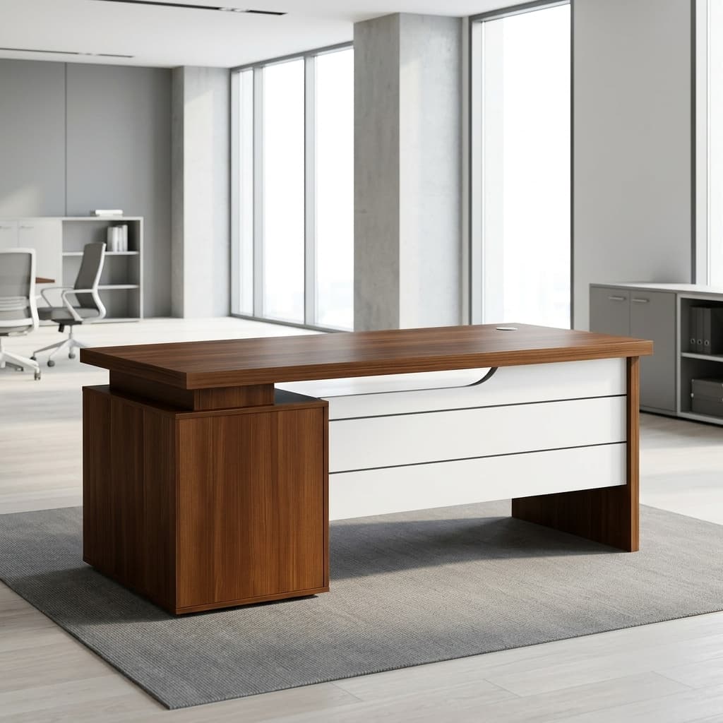 1.2M Walnut Executive Desk with white accent panels and storage