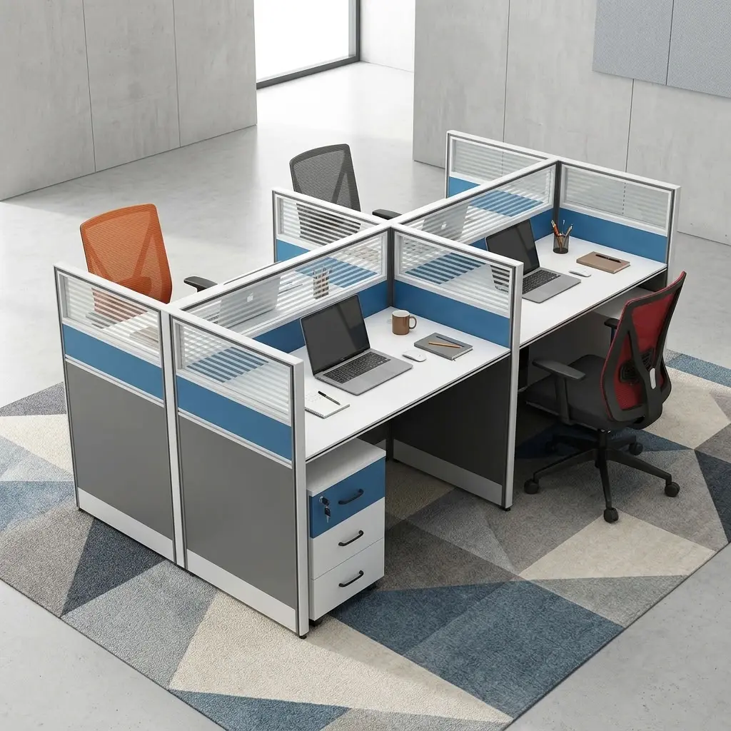 4-Way Modular Workstation with four staff work areas, privacy partition panels, individual desktops and three-drawer mobile storage units.