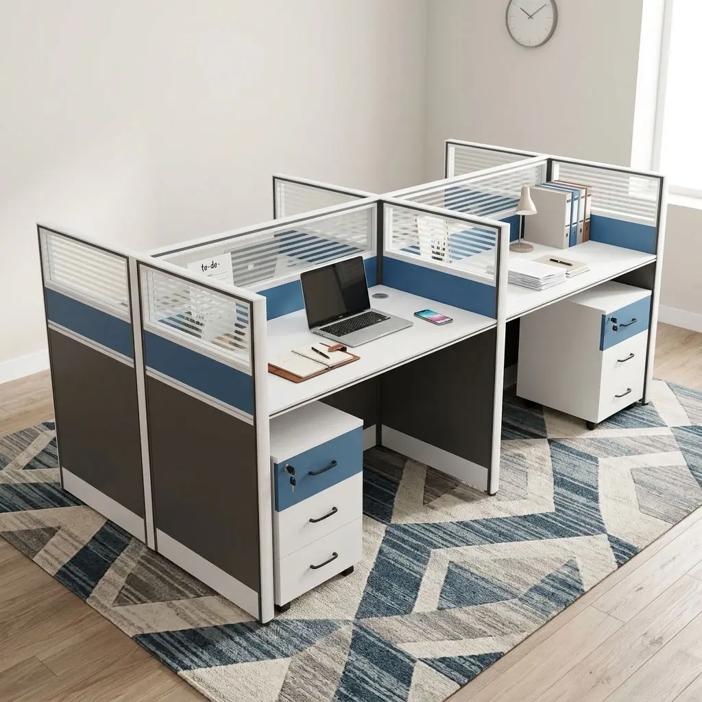 4-Way Modular Workstation with four staff work areas, privacy partition panels, individual desktops and three-drawer mobile storage units.