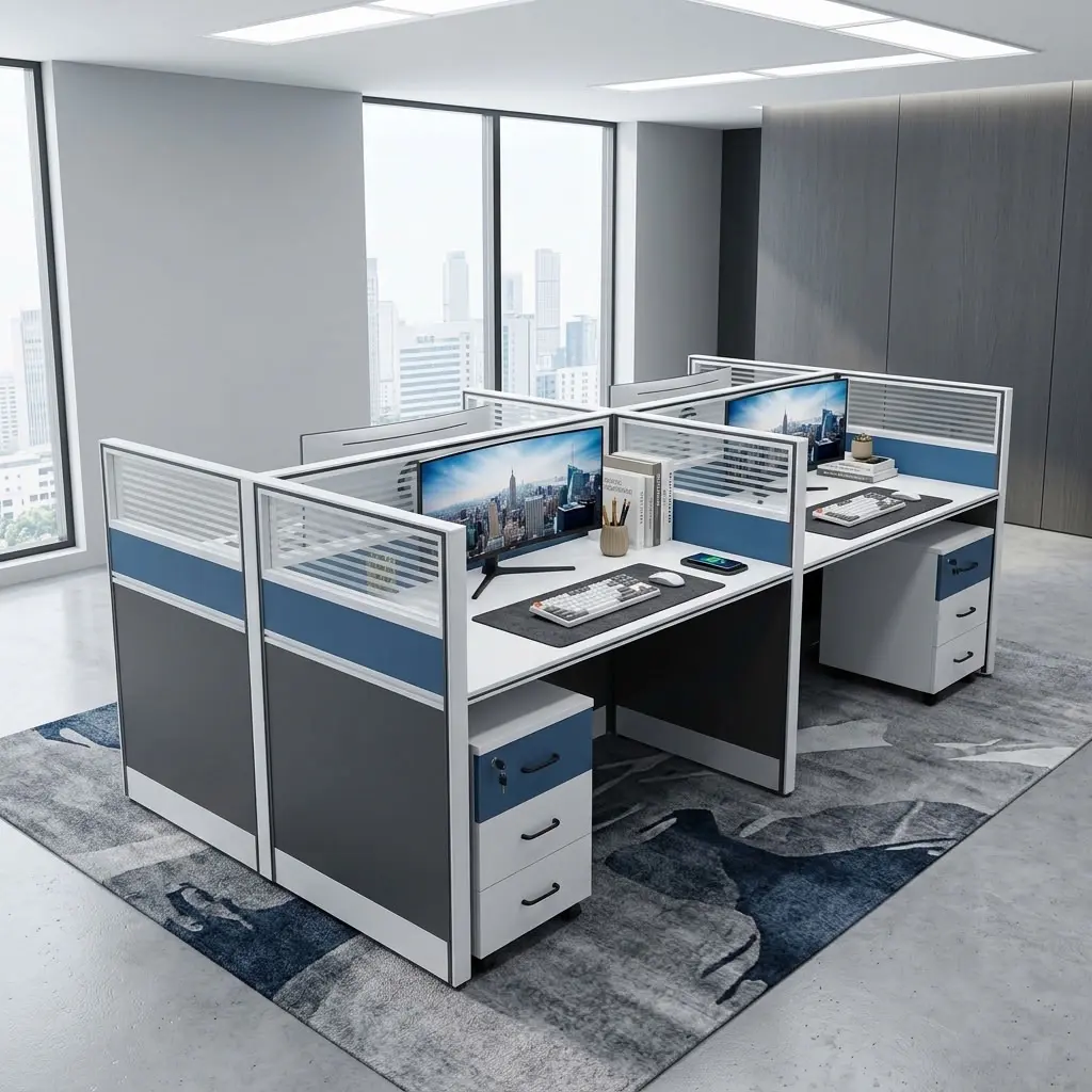 4-Way Modular Workstation with four staff work areas, privacy partition panels, individual desktops and three-drawer mobile storage units.