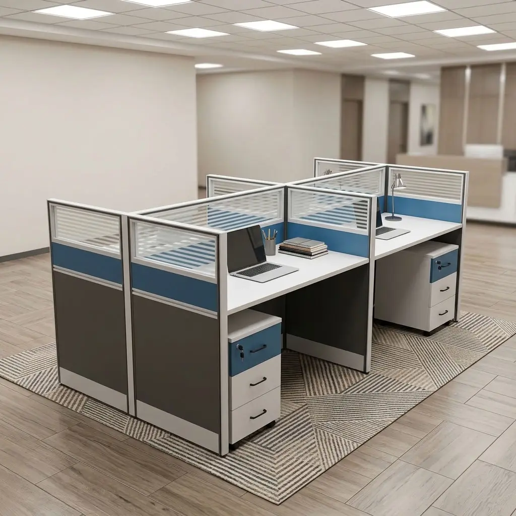 4-Way Modular Workstation with four staff work areas, privacy partition panels, individual desktops and three-drawer mobile storage units.