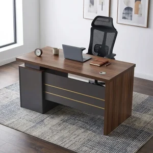 1.2M Walnut Executive Desk with walnut-look worktop, three integrated drawers, lockable storage, cable access and contrasting front modesty panel.