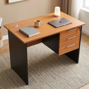 1.2M Economic Office Desk with wood-look desktop, black side panels, three key-lockable storage drawers, metallic handles and cable access.