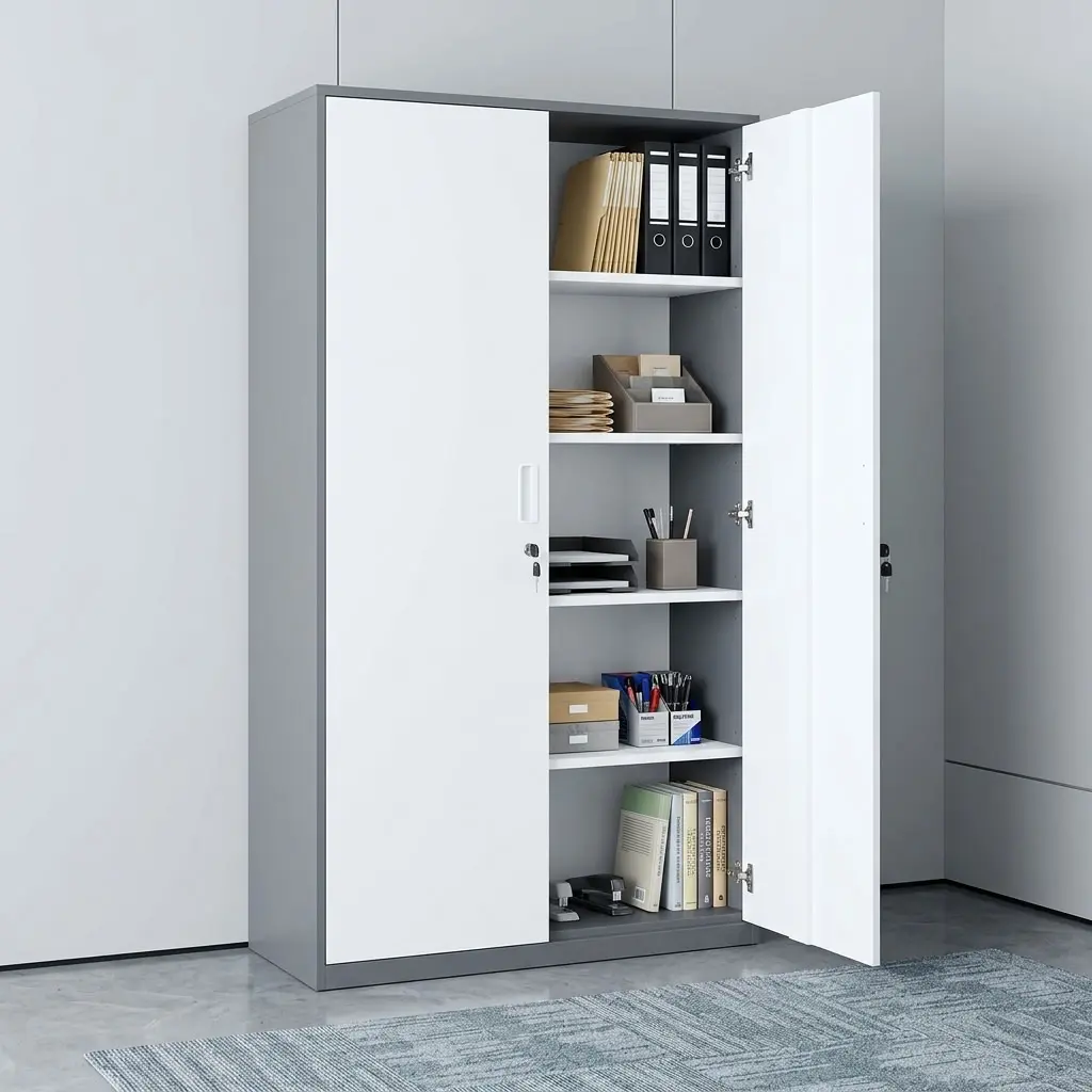2 Door Office Cabinet-Metallic with full-height double doors, multiple internal shelves and lockable storage for files and office supplies.