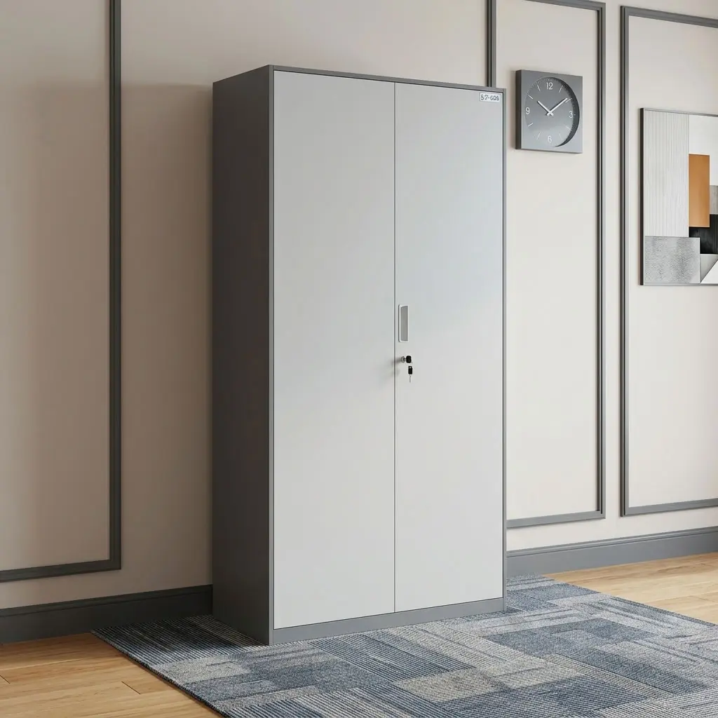 2 Door Office Cabinet-Metallic with full-height double doors, multiple internal shelves and lockable storage for files and office supplies.