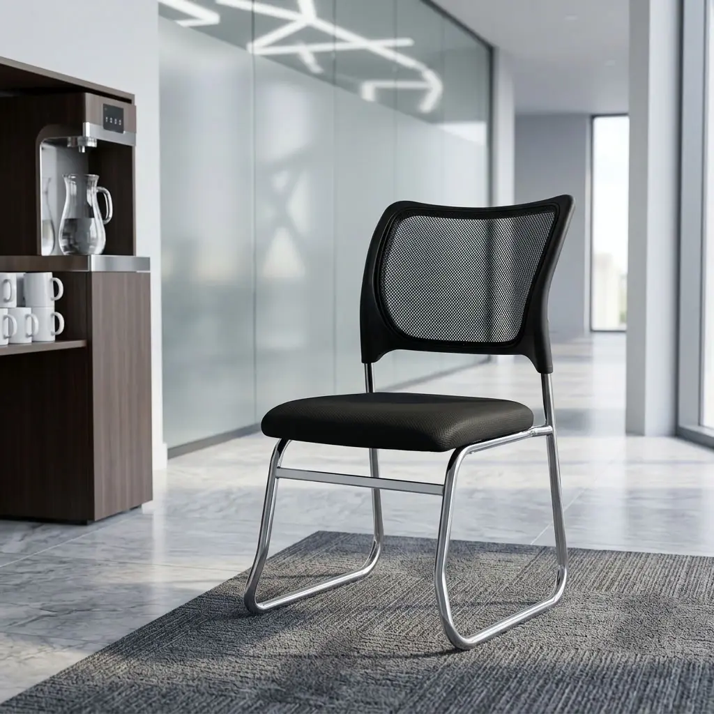 Mesh Office Visitor's Chair with black breathable mesh backrest, padded seat, armless design and sleek metallic frame for office guest seating.
