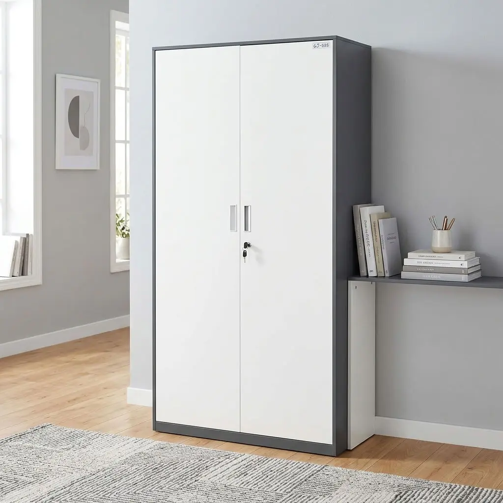 2 Door Office Cabinet-Metallic with full-height double doors, multiple internal shelves and lockable storage for files and office supplies.