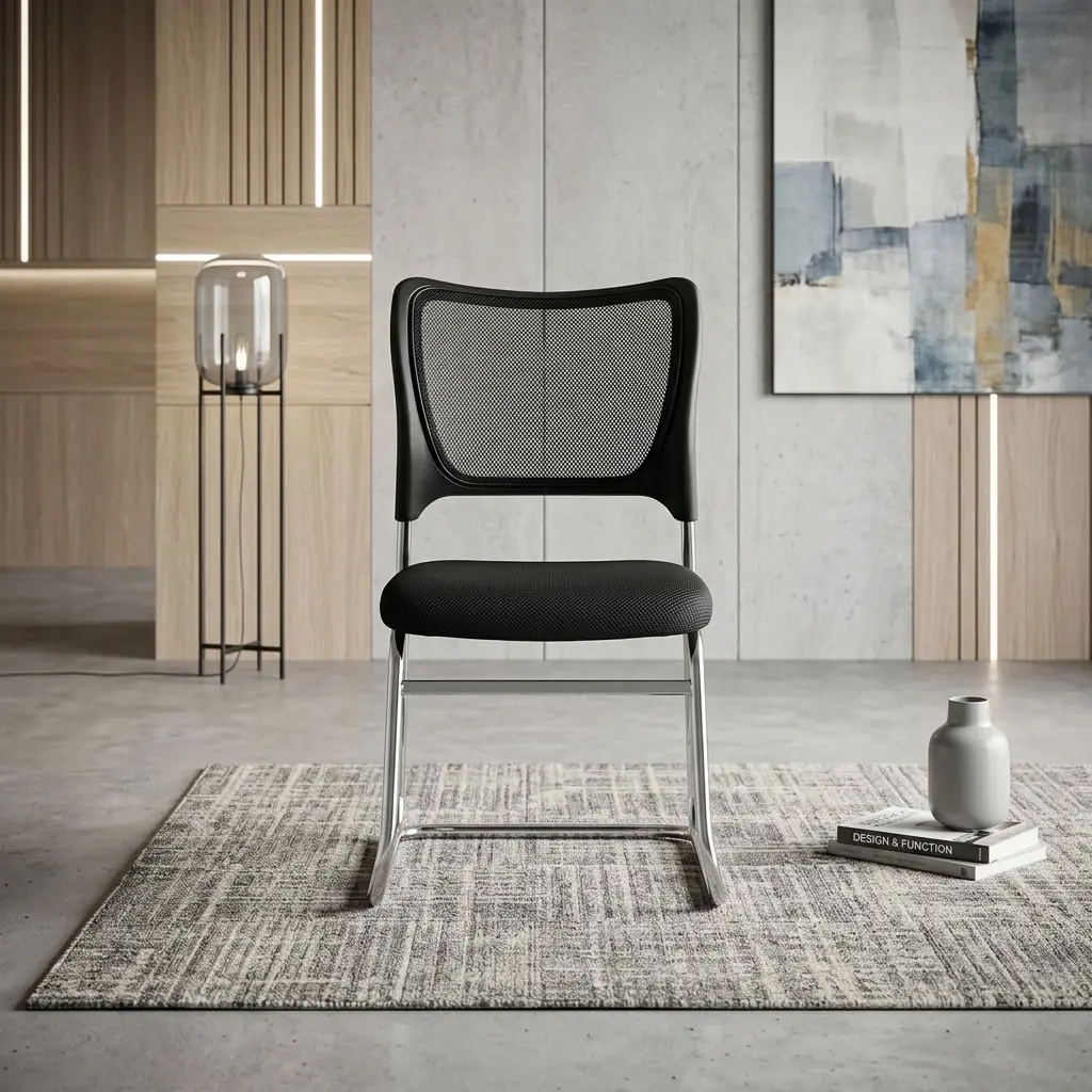 Mesh Office Visitor's Chair with black breathable mesh backrest, padded seat, armless design and sleek metallic frame for office guest seating.