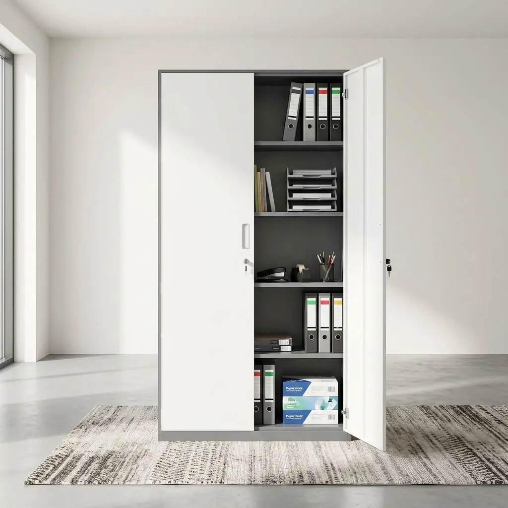 2 Door Office Cabinet-Metallic with full-height double doors, multiple internal shelves and lockable storage for files and office supplies.